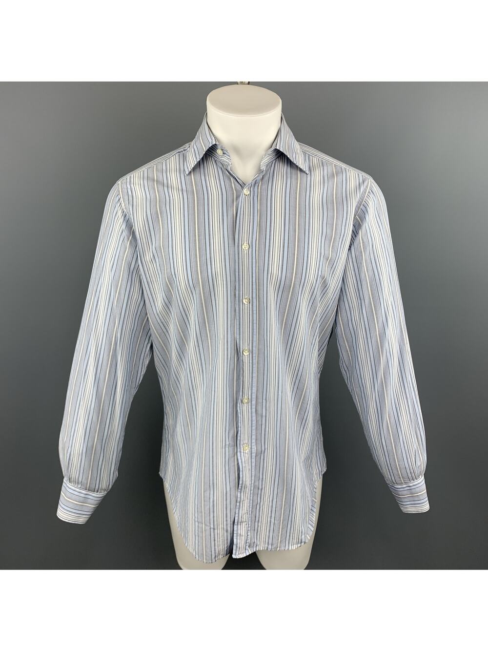 ETRO Size M Blue & Grey Stripe Cotton Button Up Long Sleeve Shirt